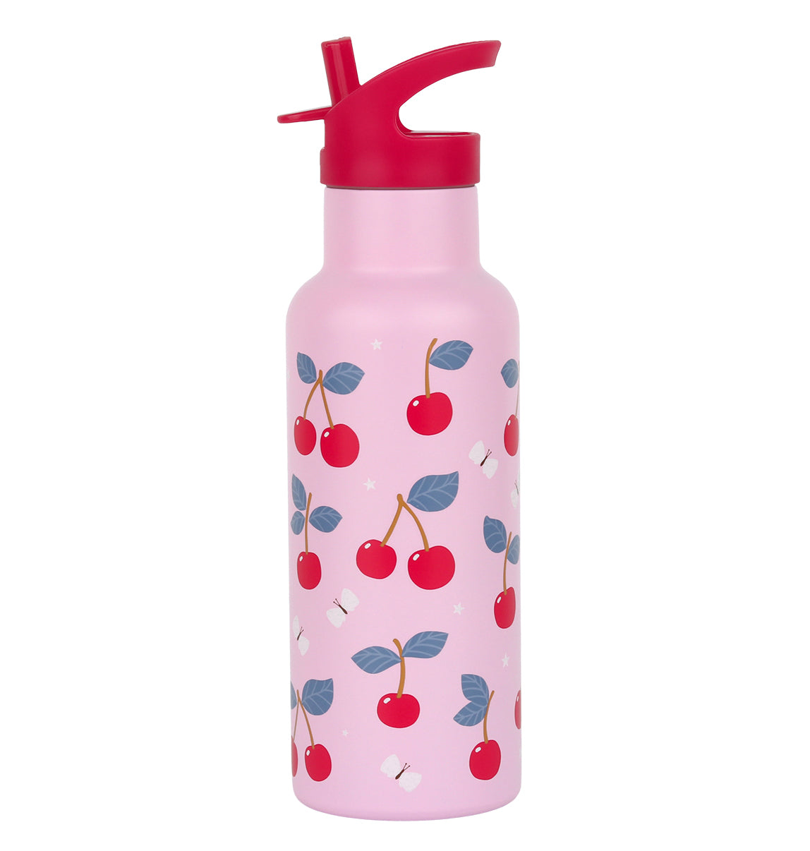 Extra große rosa Edelstahl-Trinkflasche mit Kirschen