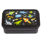 Zwart Galaxy bento lunchdoos met stoere opdruk op deksel met dino, haai en raket