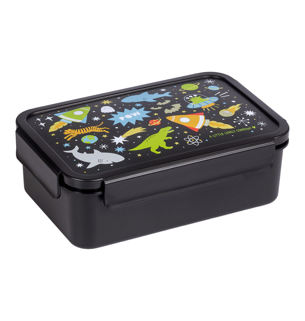 Zijaanzicht van zwart Galaxy bento lunchdoos met stoere opdruk op deksel met dino, haai en raket