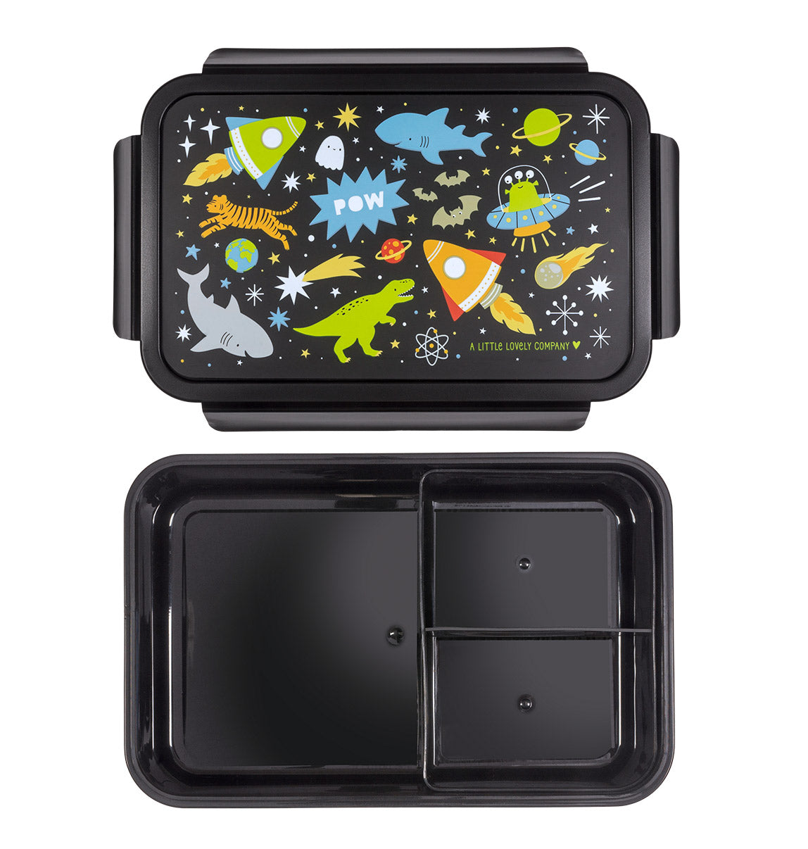 Binnenkant van zwart Galaxy bento lunchdoos met stoere opdruk op deksel met dino, haai en raket
