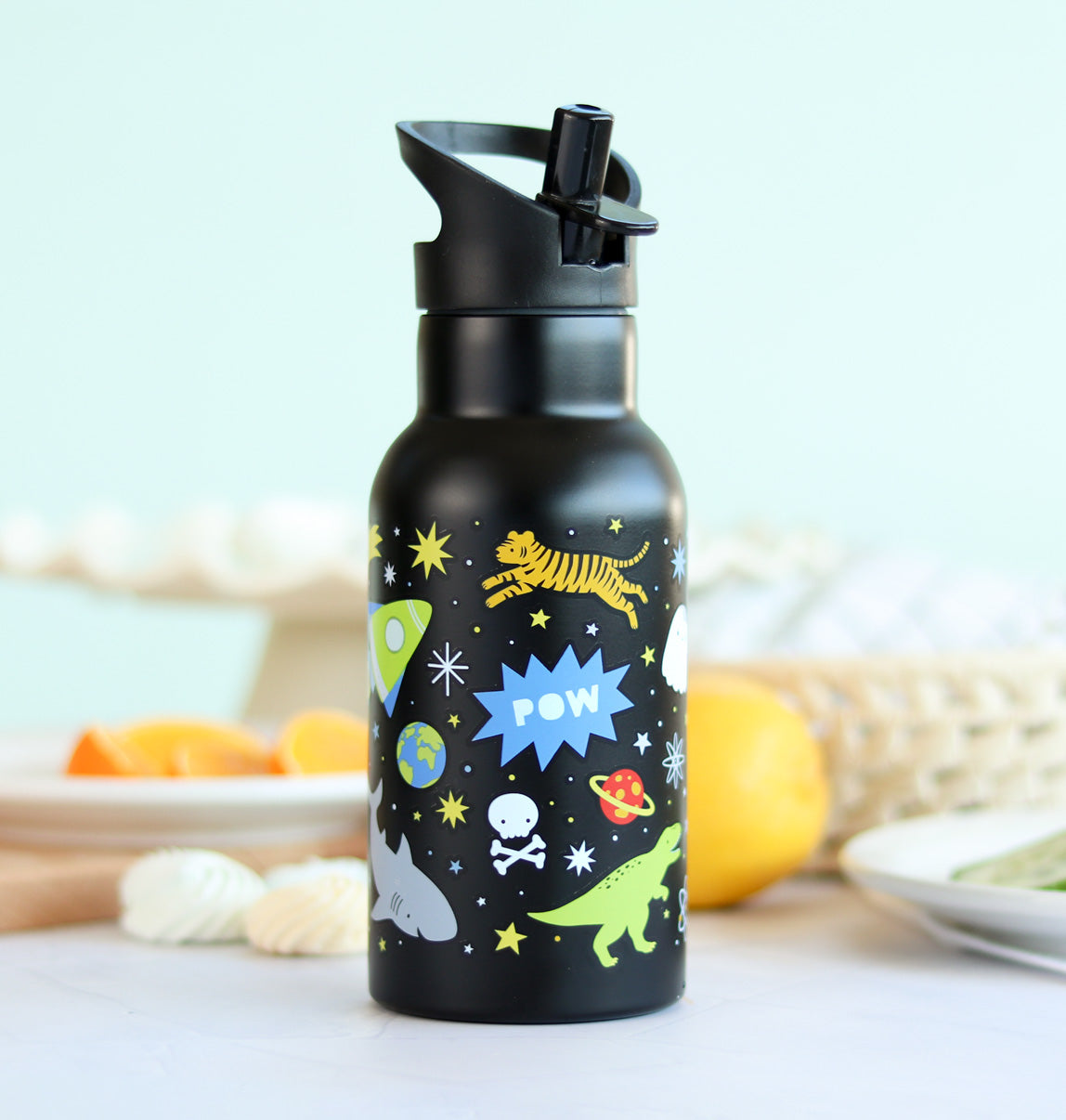 Schwarze Edelstahl-Trinkflasche mit Galaxy Print