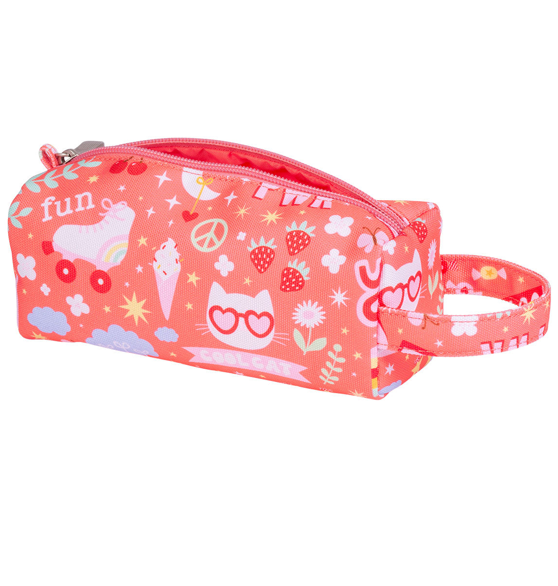 Schuin aanzicht van koraalroze etui met vrolijke fantasie print