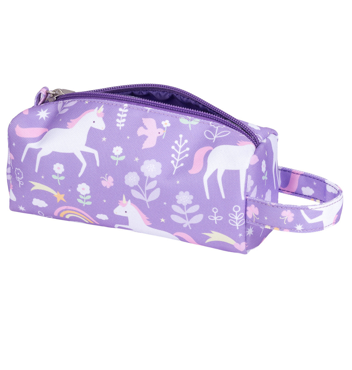 Zijaanzicht van paarse Unicorn Dreams etui met eenhoorns en regenbogen