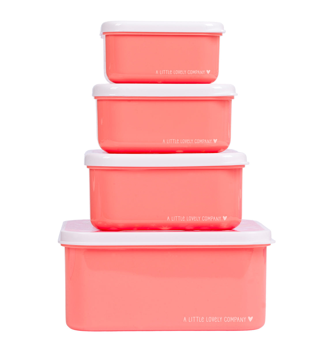 zijaanzicht van 4 rood roze lunch en snack bakjes opgestapeld van a little lovely company
