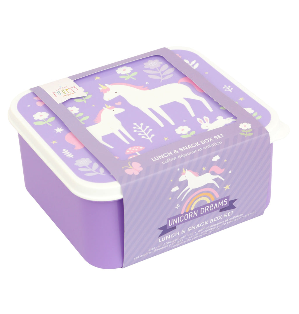 vier paarse lunch en snack bakjes met eenhoorn en regenboog opdruk in verpakking