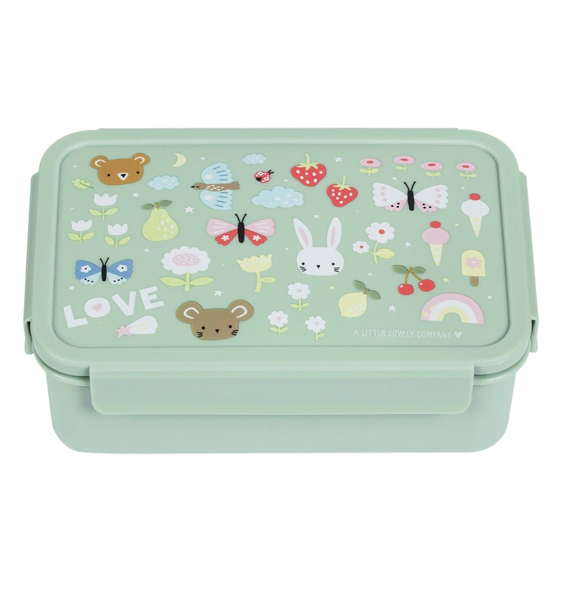 mintgroen bento lunchbakje brooddoos met vrolijke print op de deksel van a little lovely company